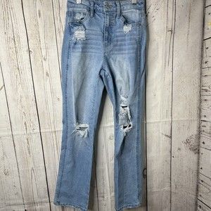 Arizona Jean Co Womens 1 Average Curvy Straight Distressed Jeans Light Wash Blue